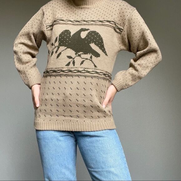 Vintage Women’s Espirt Tan Green Wool Blend Bird Mock Neck Sweater Sz S - Picture 2 of 8